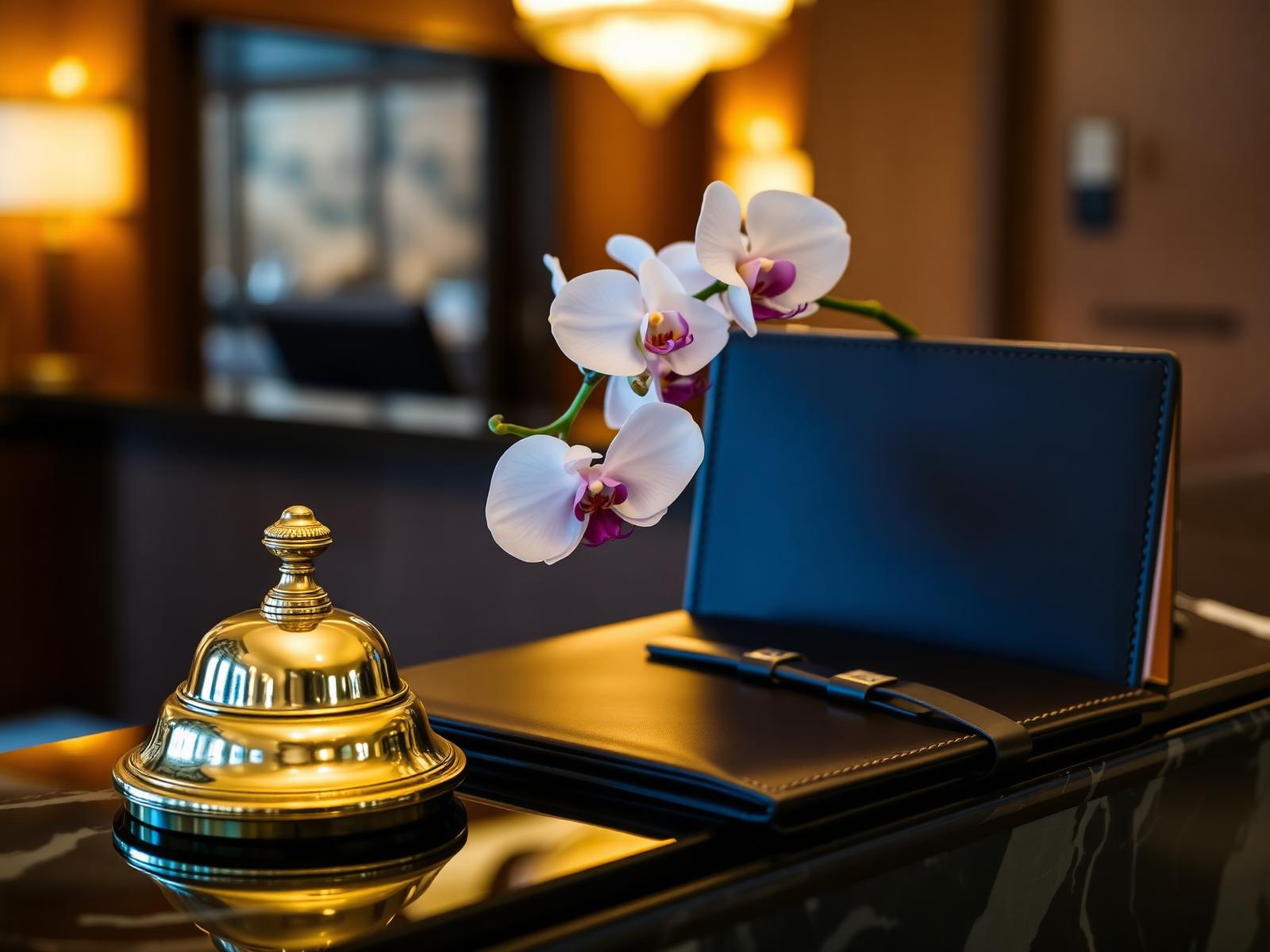 Detalhe de recepção de hotel de luxo com sino dourado e orquídeas