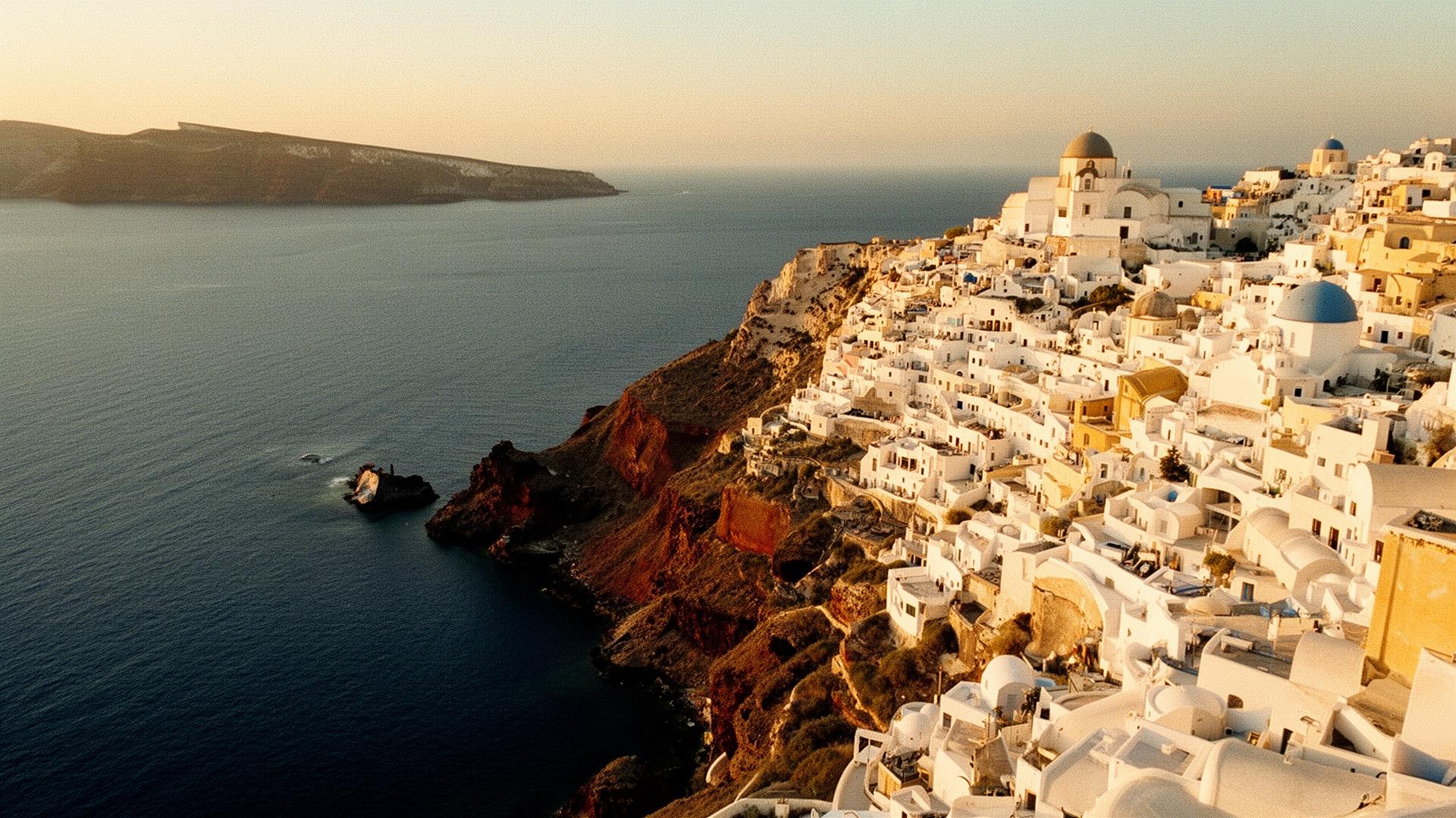Vista aérea de Santorini ao entardecer